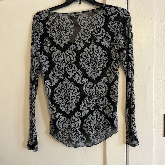 Denim & Supply Ralph Lauren Top Womens L Black Gray Sheer Gauze Romantic Floral - Picture 2 of 10
